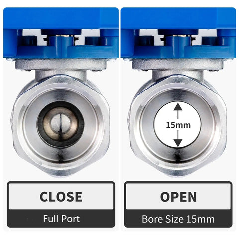 Half Inch Motorized Ball Valve In Stainless Steel With Full Port For Water Lines 9 To 24V AC DC Two Wire Auto Return NPT Thread