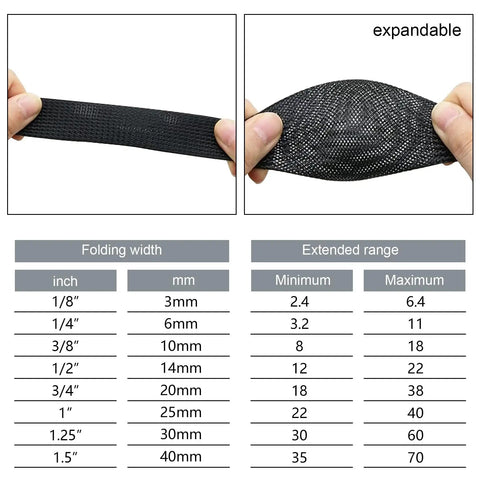 Hands holding 1 Inch PET Expandable Braided Cable Sleeve, 26 Ft Black Wire Loom, Anti Stretch and Anti Friction Sheathing.