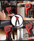 One Hand Rivet Nut Tool Kit All In One For Tight Spaces With 8 Inch Tool and 160 Nuts, shown in various uses on metal surfaces.