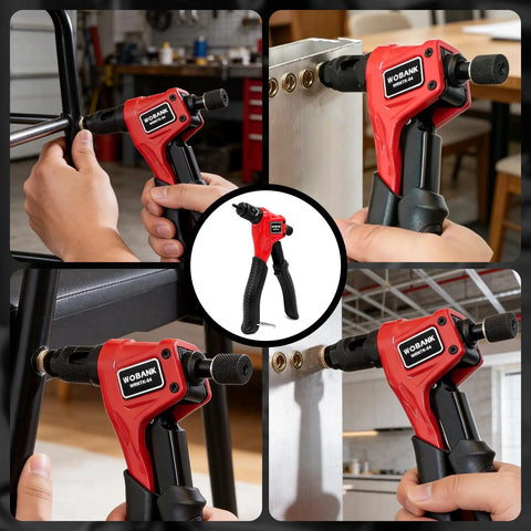 One Hand Rivet Nut Tool Kit All In One For Tight Spaces With 8 Inch Tool and 160 Nuts, shown in various uses on metal surfaces.