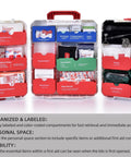 Large plastic wall-mounted first aid kit opened to reveal red-labeled compartments and a 408-piece medical supply set.