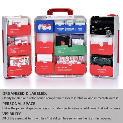 Large plastic wall-mounted first aid kit opened to reveal red-labeled compartments and a 408-piece medical supply set.