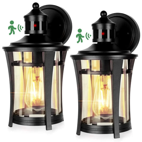 Motion Sensor Outdoor Wall Light 2 Pack Black Exterior Sconces With Bulb 3 Modes Dusk To Dawn Anti Rust Waterproof for Porch