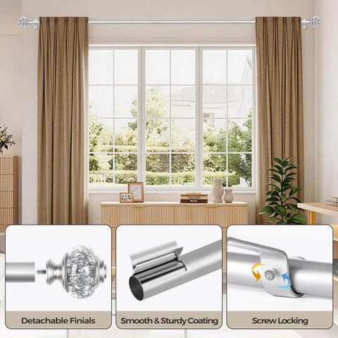 Heavy Duty Telescoping 1 Inch Curtain Rod Extends From 72 To 144 Inches With Silver Decorative Translucent Finials, A Versatile Drapery Rod For Windows In Living Room, Bedroom, Kitchen, Office, And Beyond, shown in a living room setting with close-ups of finials and rod features.