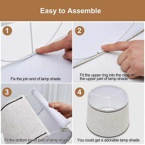 Assembly steps for Drum Lampshades Set Of 2 Natural Linen Hand Crafted With Harp Holder Included for easy fit and cozy modern light.