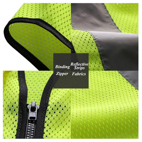 Close-up of Go To High Visibility Mesh Safety Vest With Pockets And Zipper, ANSI ISEA Approved, showing zipper and reflective strips detail.