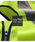Close-up of Hi Vis Mesh Safety Vest With Pockets And Zipper ANSI ISEA Compliant Breathable 100 Percent Polyester Reflective Strips