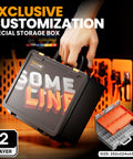 Person holding a black and orange customizable storage box, size 252x224x63mm, with two layers and exclusive design.