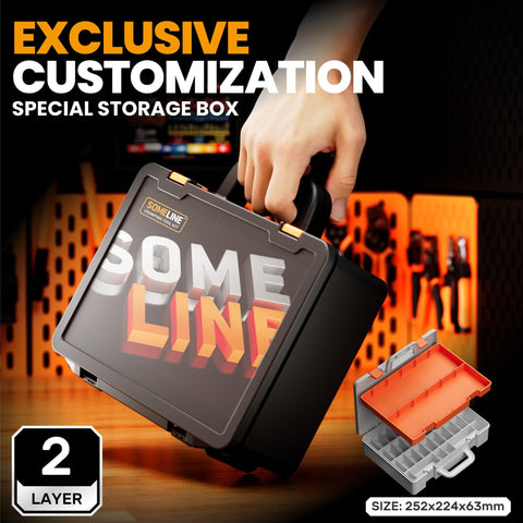 Person holding a black and orange customizable storage box, size 252x224x63mm, with two layers and exclusive design.
