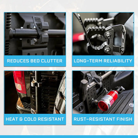 Ride Ready Aluminum Molle Panel Mounts With Quick Fist Clamps Lock In Gear For Add Offroad And Dv8 Rack showing durability features and mounting details.