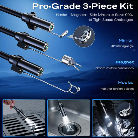 Pro-grade 3-piece kit for Handheld Endoscope Camera With Light 2.8 Inch IPS Screen IP67 Waterproof Borescope, hooks, magnets, mirrors