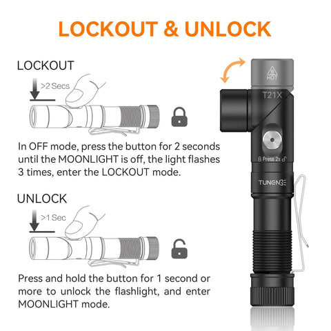 Diagram showing lockout and unlock instructions for T21X 1400 Lumen LED Flashlight With 90 Degree Rotating Head Rechargeable AA Powered