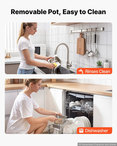 Heavy Duty Commercial Chocolate Melting Machine, Four Tank Water Bath Heater, Smooth Operator Build With Precision Temp Control Keeps Your Batch Clean And Legit For Bakeries, woman rinsing removable pot in sink.