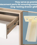 Kitchen Drawer Rail Bracket For Butter Smooth Gliding Rear Track Back Plate Heavy Duty Nylon Side Mount Swap White No Sweat Hardware Kit Solid Fit Drawer Upgrade mounted next to a wooden drawer.