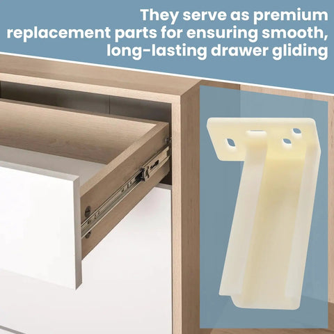 Kitchen Drawer Rail Bracket For Butter Smooth Gliding Rear Track Back Plate Heavy Duty Nylon Side Mount Swap White No Sweat Hardware Kit Solid Fit Drawer Upgrade mounted next to a wooden drawer.