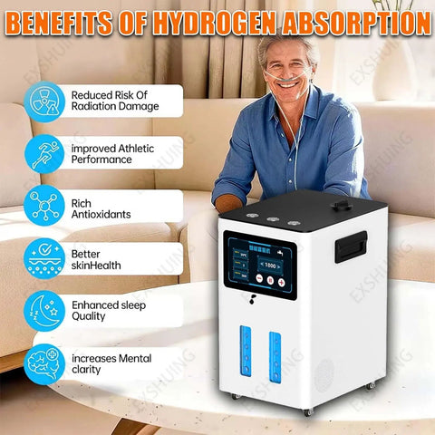 Hydrogen Inhalation Machine With 99.99 Percent Pure H2, Three Outlets, 4200 Ml Per Minute Flow, Auto Water Supply, Touchscreen Timer shown in a room.
