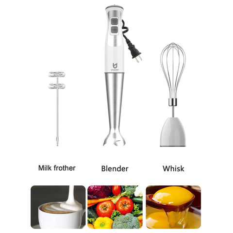 Immersion Hand Blender 3-in-1 with 8-speed stick, milk frother, egg whisk, BPA free, detachable, white, ideal for smoothies.
