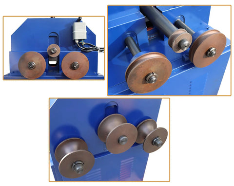 PreAsion Electric Pipe Bender Roller For Round Stainless Steel Tubing showing copper rollers and hydraulic controls.