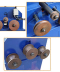 Heavy Duty Electric Pipe Bender Roller Setup showing adjustable dies for round and square steel tubing, ideal for garage projects.