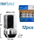 Box of 12 chrome lug nuts with specifications for Front Wheel Bearing And Hub Kit For 2011 2020 Dodge Durango And 2011 2019 Jeep Grand Cherokee.