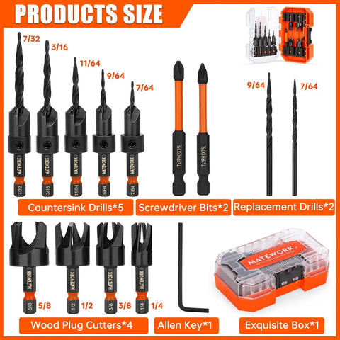 Pro Grade Countersink Drill Bit Set 15Pcs M2 Cobalt HSS Woodworking Kit with tapered bits, plug cutters, and storage box display.