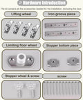 Built To Last Durable 57 Inch Track Barn Door Hardware Kit components showing lifting wheels, iron groove pieces, and screws.