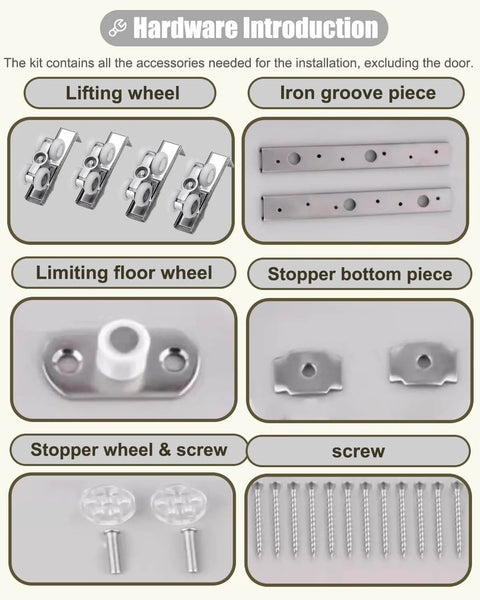 Built To Last Durable 57 Inch Track Barn Door Hardware Kit components showing lifting wheels, iron groove pieces, and screws.