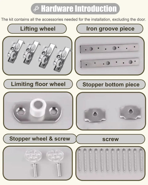 Champagne Gold Barn Door Hardware Kit With 4 Wheel Box Track Rollers hardware components overview including lifting wheels and screws.