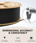 Close-up of Matte PLA Filament Bundle 4kg 1.75mm showing ultra accurate tolerance of 0.02mm, fits most FDM printers, black spool.