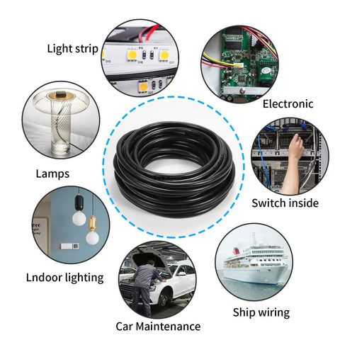 Black coiled wire labeled as 14 Gauge 2 Conductor Electrical Wire 14 AWG Oxygen Free Copper Stranded PVC Jacket shown with usage examples.