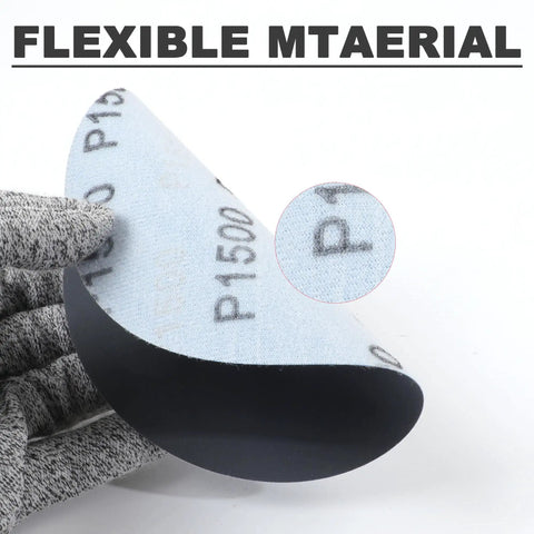 Flexible 5 inch P1500 grit sanding disc with hook and loop backing for easy attachment included in Get This Fresh 120Pc 5 Inch Wet Dry Sanding Discs.