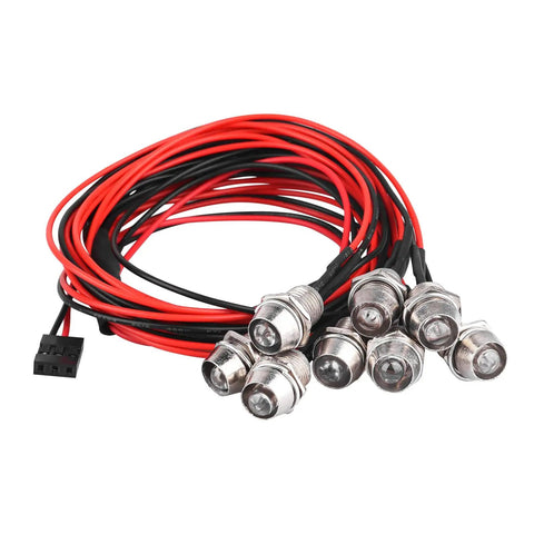 8 LED RC Light Kit With 4 White And 4 Red Lights For Traxxas Slash Rustler Tamiya Arrma Redcat And Other RC Cars Trucks Crawlers Dope Setup Powered By Receiver 5mm LEDs, showing bundled wires and LEDs.