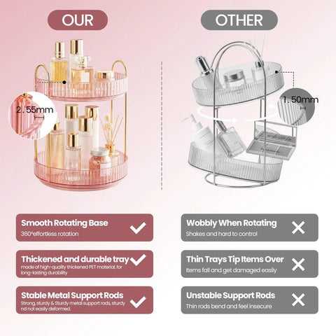 Total Game Changer, 360 Rotation Makeup Organizer For Vanity Desk comparison image showing durable tray and smooth rotation.