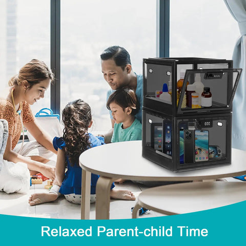 Go To Secure Combination Lock Box For Personal Items With Large Capacity in Black, shown with family, medicines, and electronics