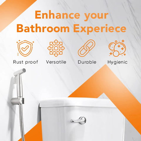 Versatile Handheld Bidet Sprayer Kit With Stainless Steel Attachment installed next to toilet showcasing features