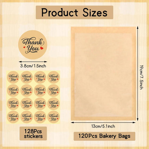 120 Pack Self Sealing Cookie Bags With Window 5.1x7.5 Inch Heat Sealable And Grease Resistant Grab And Go Sleeves For Donuts Scones Brownies And Snacks Plus 128 Stickers shown with size measurements and stickers design.