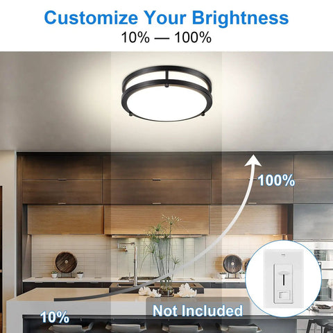 Dimmed kitchen with 65W Dimmable LED Flush Mount Ceiling Light With Remote, 32 Inch Oval Black Close To Ceiling Fixture, showing brightness range.