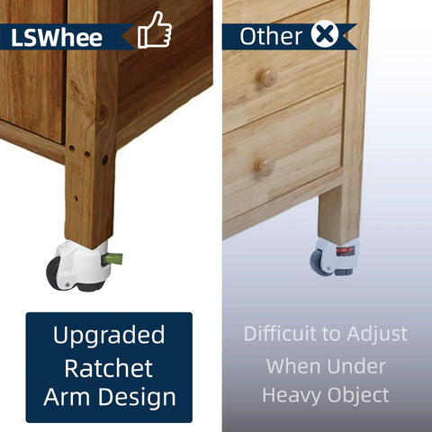 Comparison of Heavy Duty Caster Wheels Set Of 4 With Leveling Stem Casters showing upgraded ratchet arm design and ease of adjustment.
