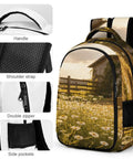 Sunset Daisy Barn Farm Printed Unisex Backpack with large capacity, showing handle, shoulder strap, double zipper, and side pockets.