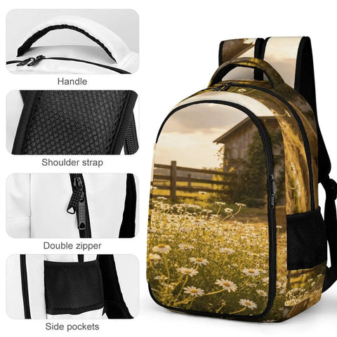 Sunset Daisy Barn Farm Printed Unisex Backpack with large capacity, showing handle, shoulder strap, double zipper, and side pockets.