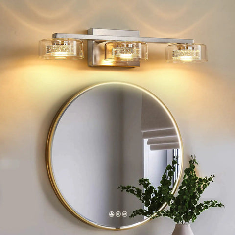 Dimmable Led Three Light Bathroom Vanity Light Over Mirror With Modern Crystal Brushed Nickel Finish And Clear Glass Shades For Bedroom
