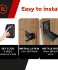 No Fuss Heavy Duty Keyless Gate Lock With Real Two Way Access Fence Latch installation steps showing code setup and latch attaching.