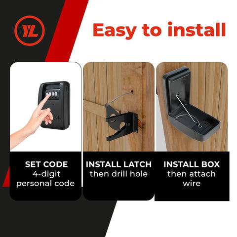 No Fuss Heavy Duty Keyless Gate Lock With Real Two Way Access Fence Latch installation steps showing code setup and latch attaching.
