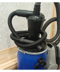 Cyclone Dust Separator Collector with Universal Flange for Vacuum Cleaners installed on a blue drum illustrating function