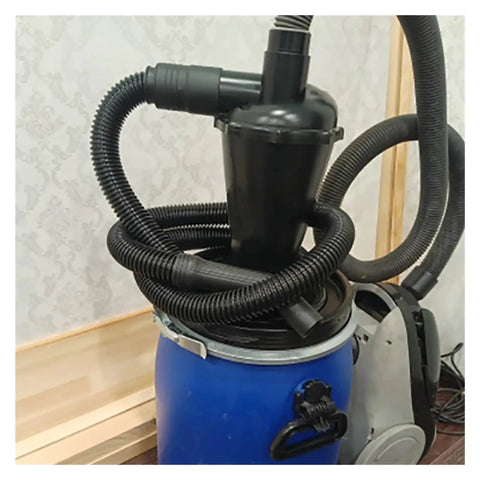 Cyclone Dust Separator Collector with Universal Flange for Vacuum Cleaners installed on a blue drum illustrating function