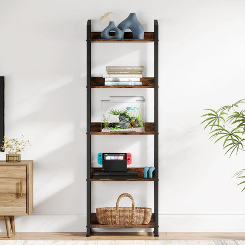 Five Tier Tall Bookshelf Featuring Rustic Brown Wood Panels And Sturdy Metal Frame Narrow Storage Organizer Perfect For Living Room Or Home Office Slick Display Rack Built Tough As Nails To Keep Your Stuff Neat And Tidy Without A Fuss