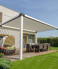 Outdoor patio with pergola, showing heavy duty pergola corner brackets for 4 by 4 posts three and a half inch powder coated steel 3 way 90 degree angle built to last easy install for patio deck outdoor use hunting blind and deer stand setup.
