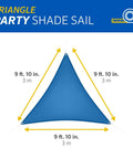 Blue Triangle Shade Sail 9 ft 10 in Outdoor Sun Shade Breathable UV Blocking Canopy in Blue Lightweight and Portable for Backyards Patios and Casual Hangouts.