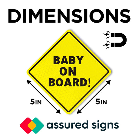 Baby On Board Car Magnet Sign 2 Pack 5x5 Inches Bright Yellow Reflective Safety Sticker with dimensions shown