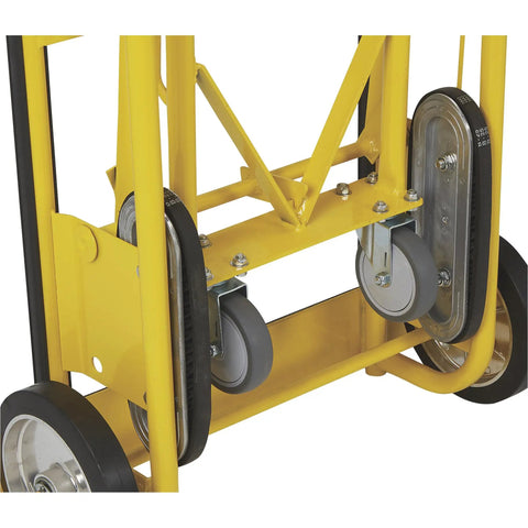 Close-up view of Heavy Duty Hand Truck 1200 Pound Capacity Appliance Dolly With Convertible Two Or Four Wheel Design, yellow frame.